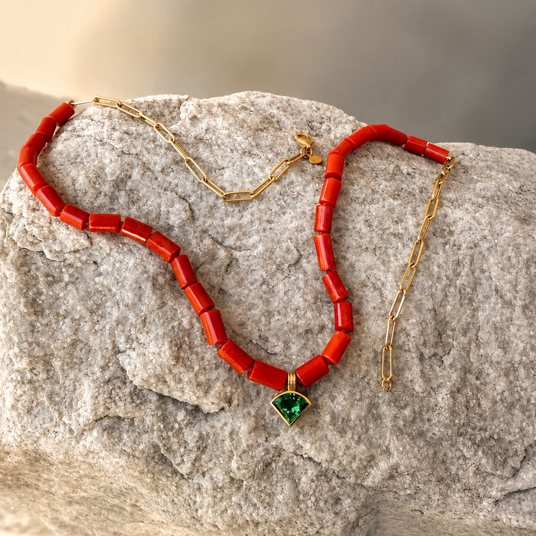 Coral & Tourmaline Beaded Necklace