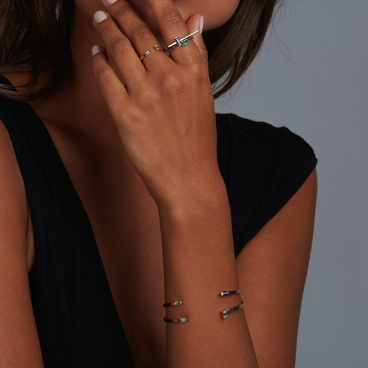Selin Kent 14K Gaia Cuff with Sapphire and White Diamond Baguettes - On Model
