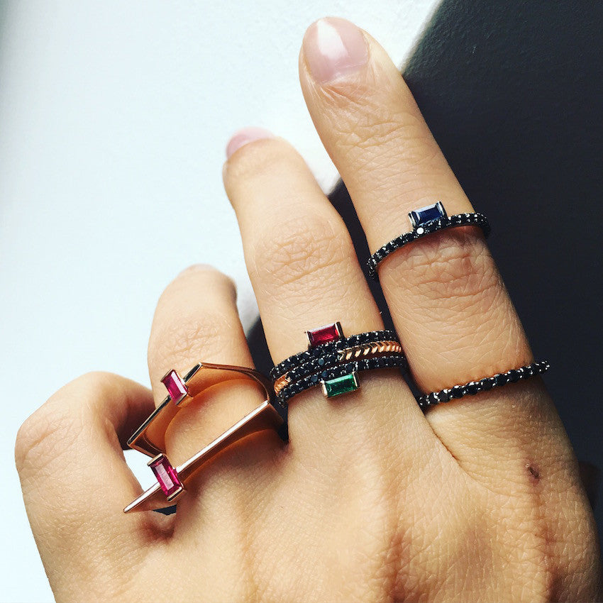 Selin Kent 14K Nikita Ring with Emerald Baguette and Black Diamonds - On Model