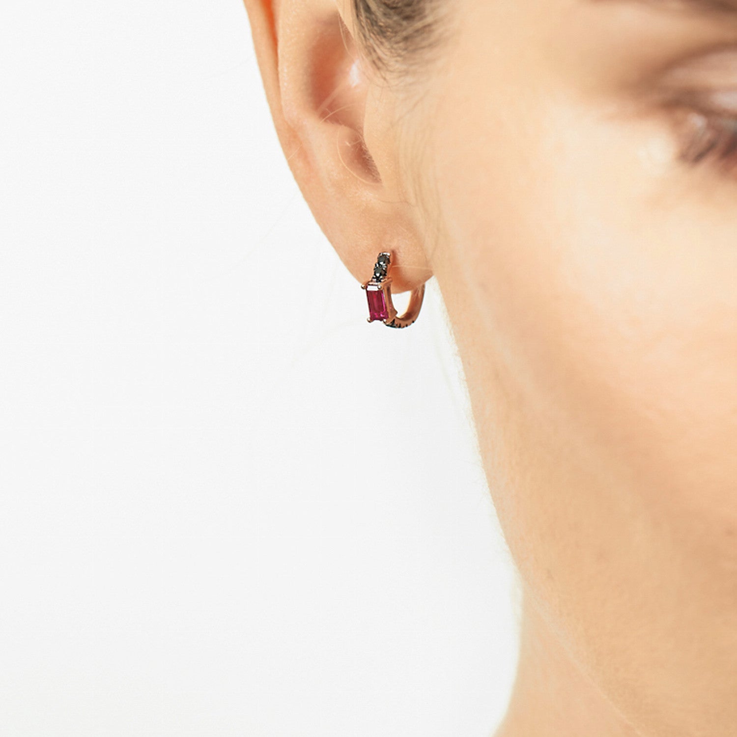Selin Kent 14K Nikita Huggie Hoops with Black Diamonds and Ruby Baguettes - On Model