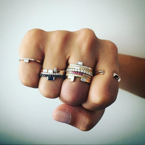 Selin Kent 14K Razia Mini Ring with White Diamond Baguette and Pavé White Diamonds - On Model