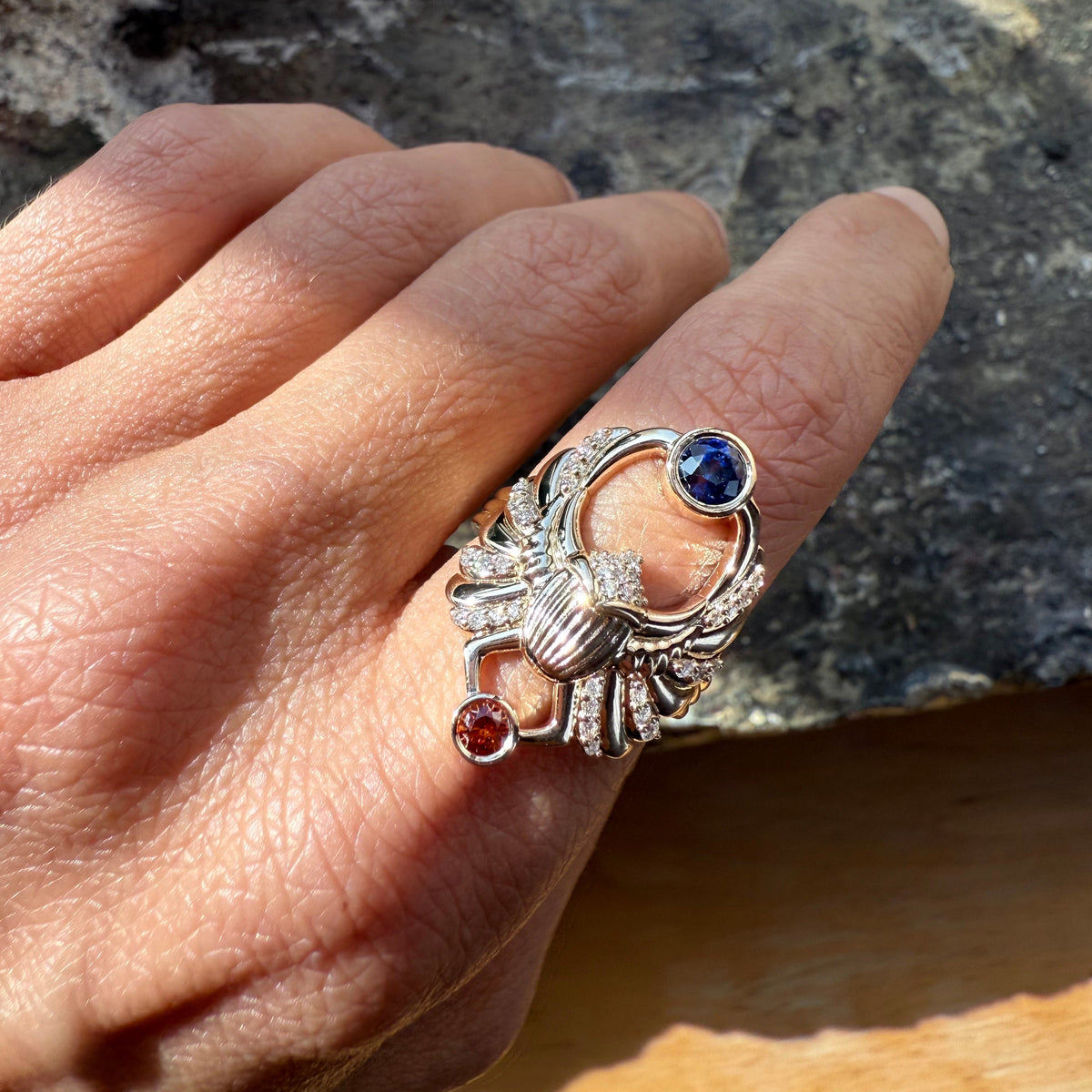 Khepri Scarab Ring in 14k yellow gold with sapphire and white diamonds
