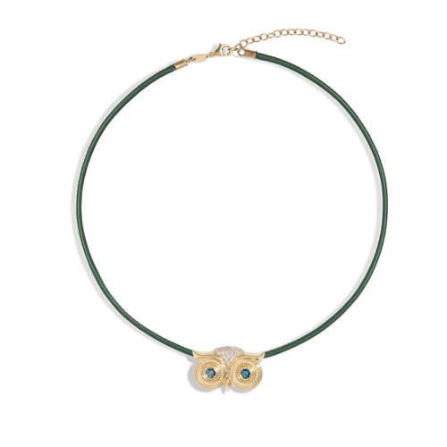 Athena Necklace in 14k yellow gold and a leather cord with blue diamond eyes by SELIN KENT 