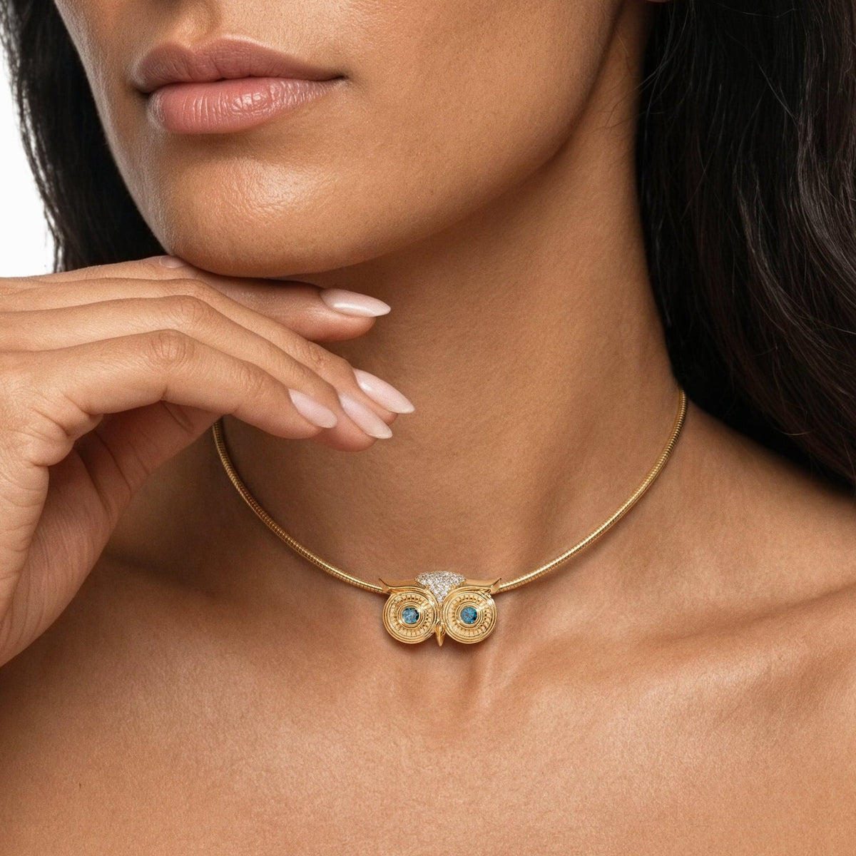 Athena Necklace in 14k yellow gold with blue diamond eyes by SELIN KENT, worn on model