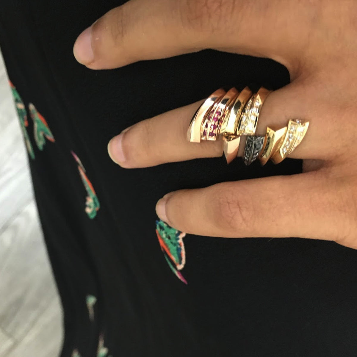 Selin Kent 14K Eva Ring with Rubies and Black Diamonds - On Model