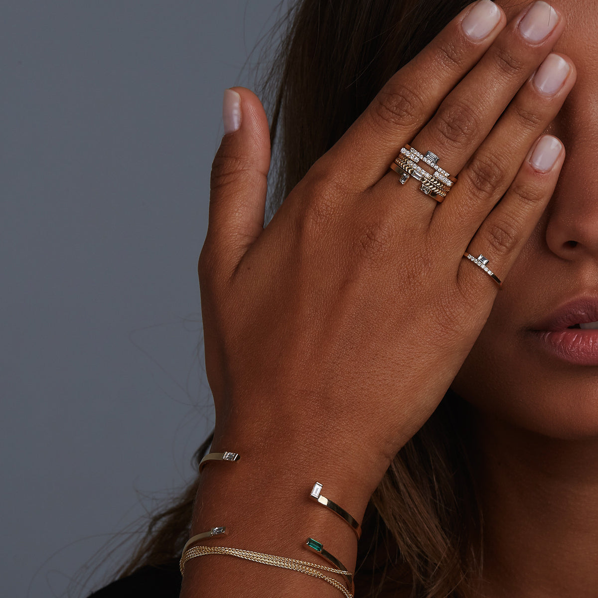 Selin Kent 14K Gaia Cuff with Emerald and White Diamond Baguettes - On Model