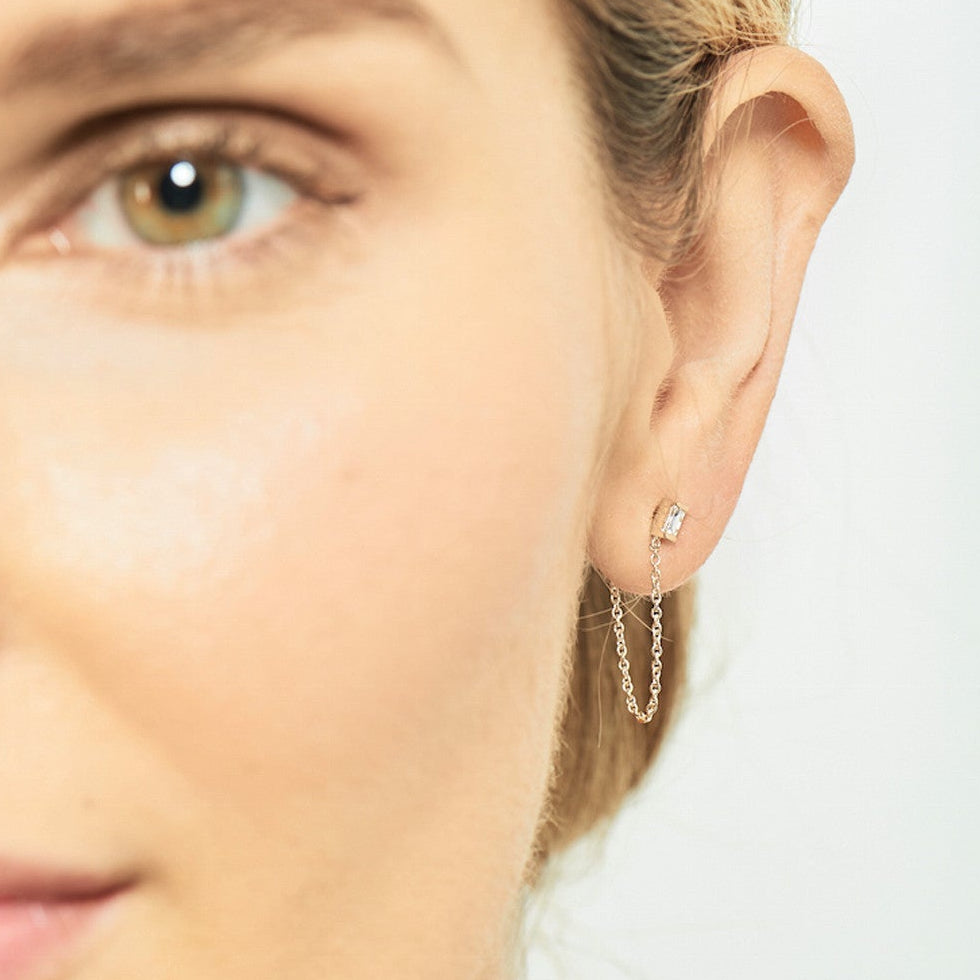 Selin Kent 14K Gaia Stud Chain with White Diamond Baguette - On Model