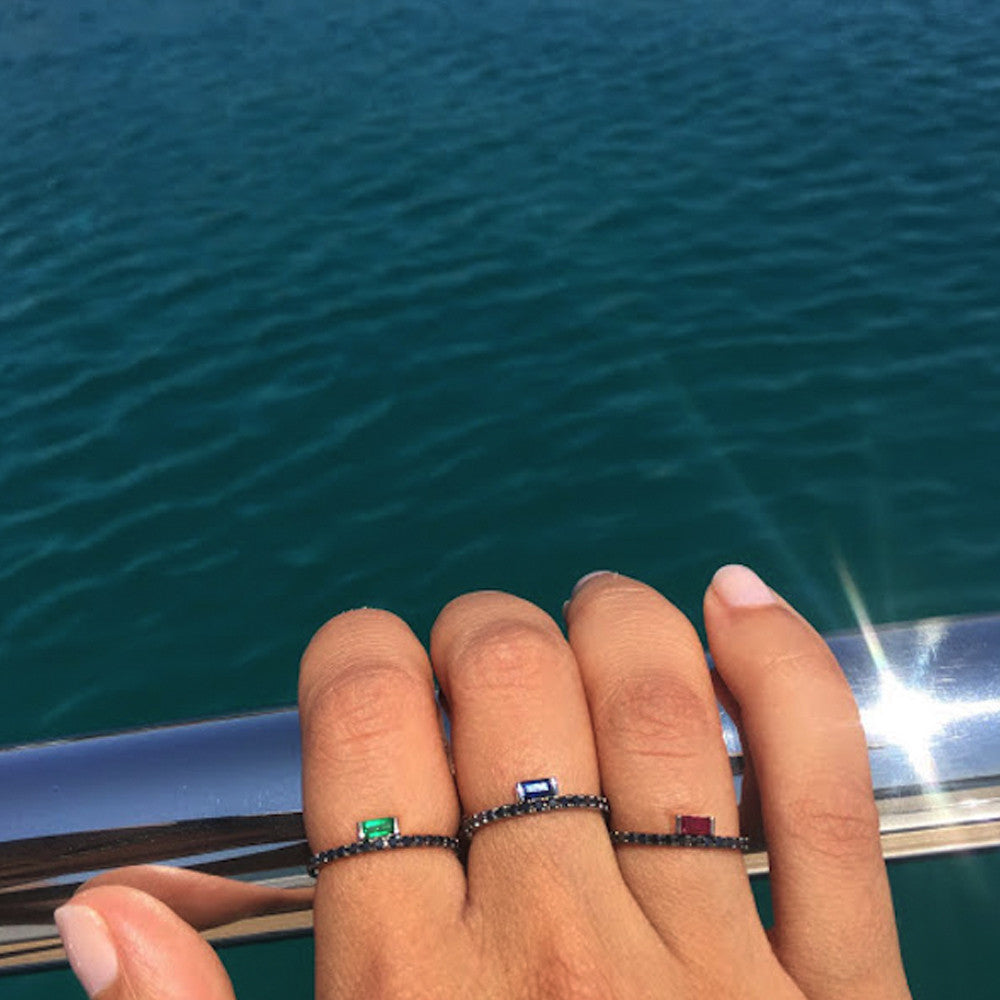 Selin Kent 14K Nikita Ring with Emerald Baguette and Black Diamonds - On Model