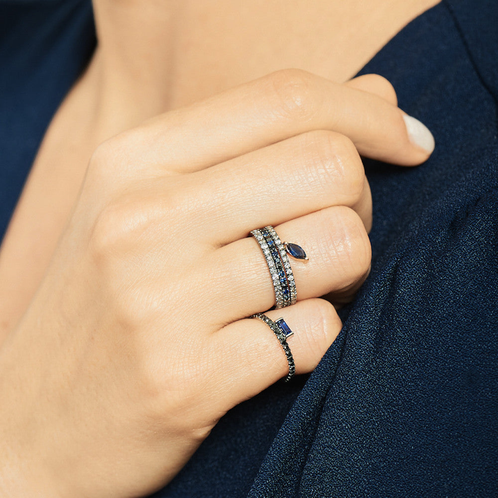 Selin Kent 14K Nikita Ring with Sapphire Baguette and Black Diamonds - On Model