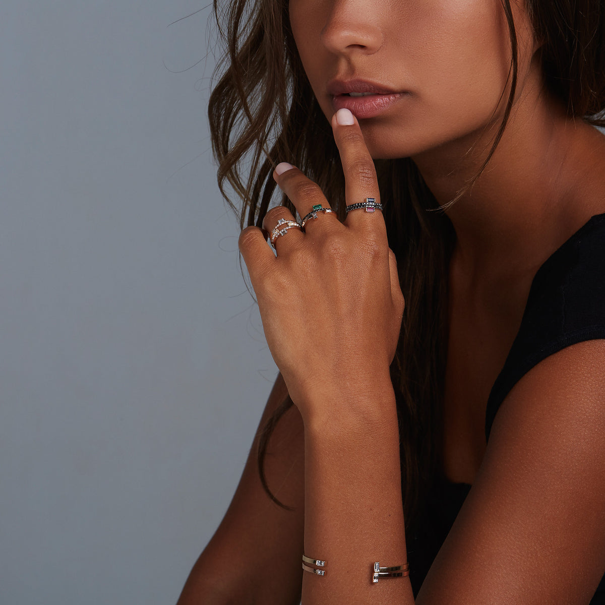Selin Kent 14K Nikita Ring with Emerald Baguette and Black Diamonds - On Model