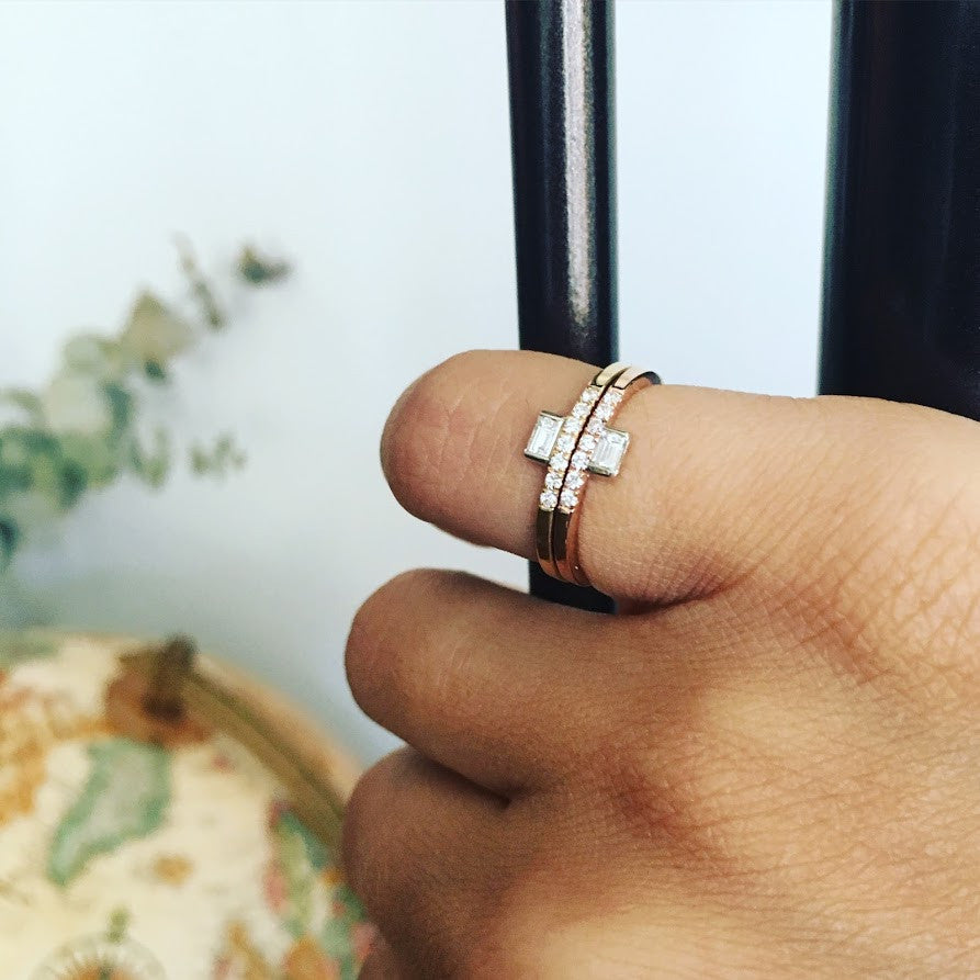 Selin Kent 14K Razia Mini Ring with White Diamond Baguette and Pavé White Diamonds - On Model