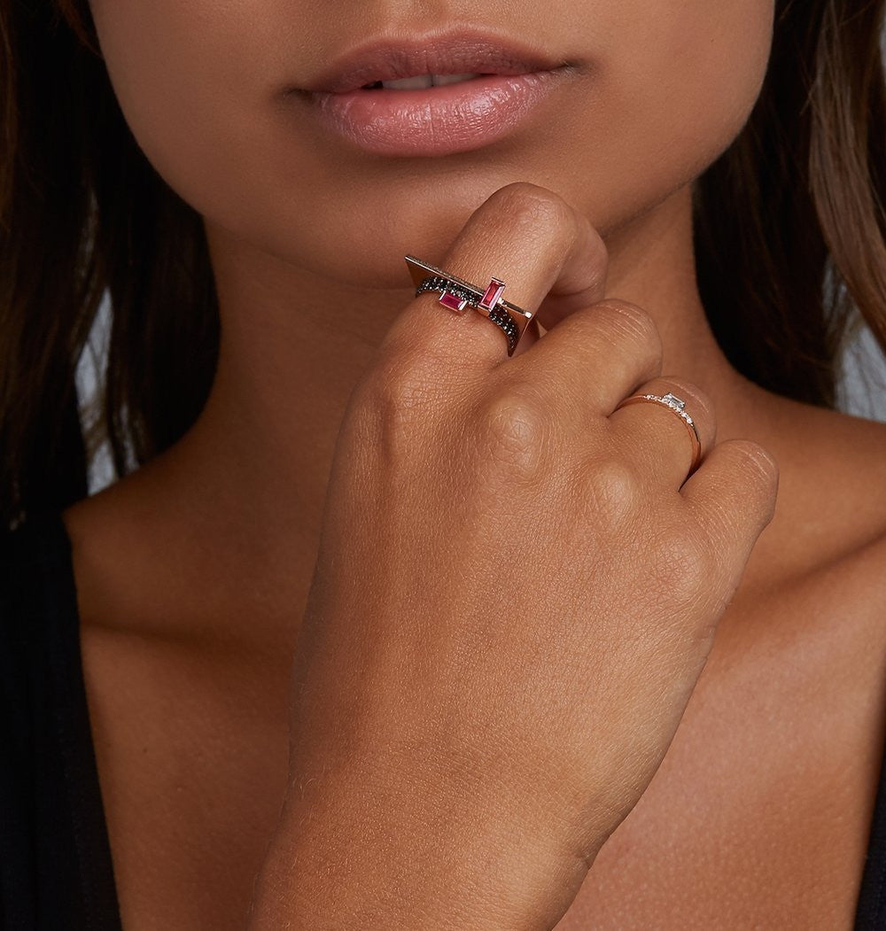 Selin Kent 14K Nikita Ring with Ruby Baguette and Black Diamonds - On Model